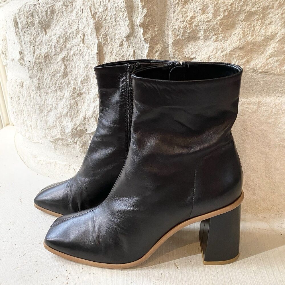 Free People Sienna Ankle Boot Black Leather Heel‎ Square Toe  Size 40 US 9/9.5